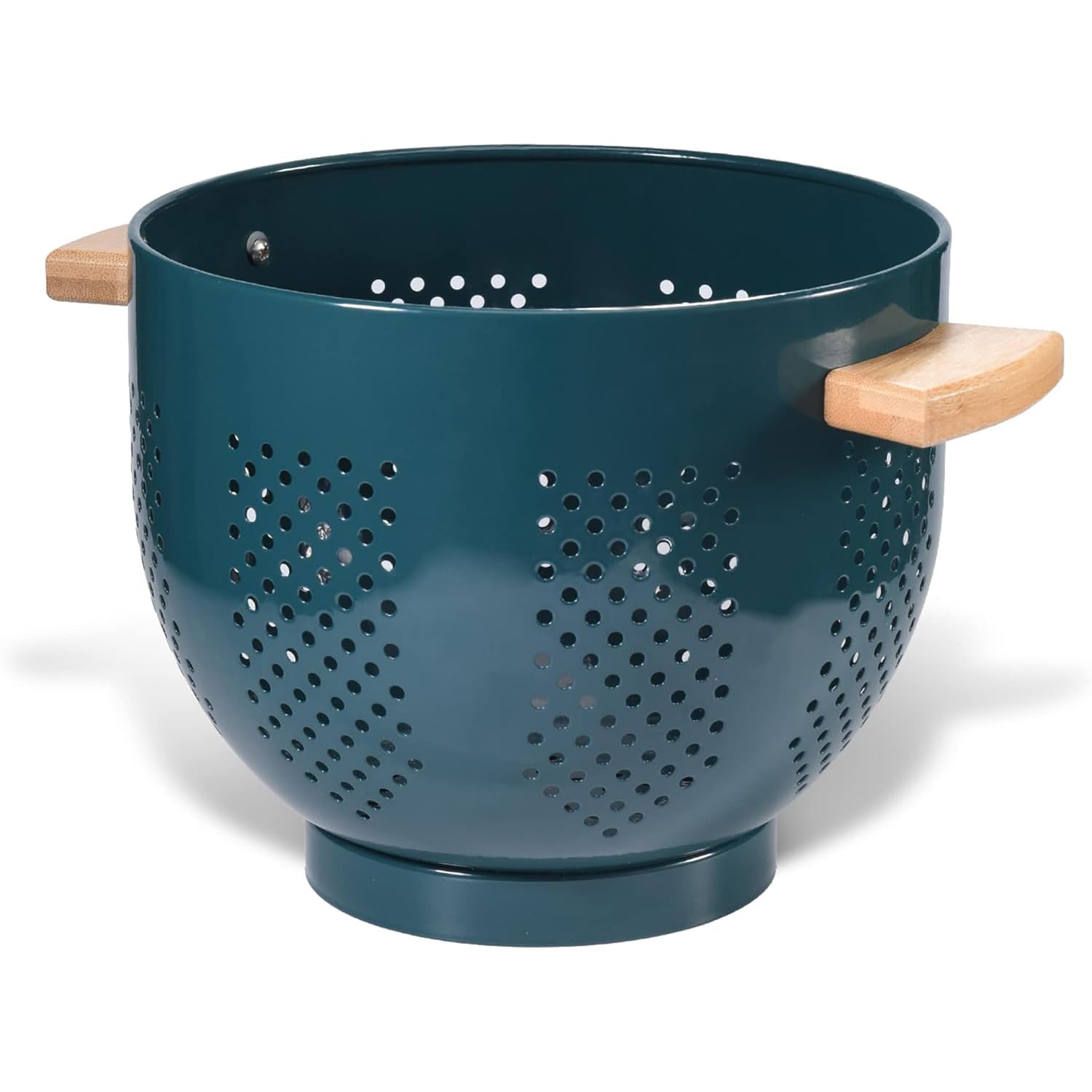 Metall Nudelsieb mit Holzgriff und Stabiler Basis, 22cm Großes Küchensieb für Pasta, Gemüse und Obst, Langlebiges Küchen Seiher Sieb (Tiefgrün)