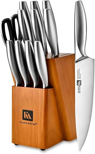 Klaus Meyer Juego de cuchillos de cocina de 13 piezas con bloque, acero inoxidable de alto carbono y asas antideslizantes. Cubiertos a prueba de