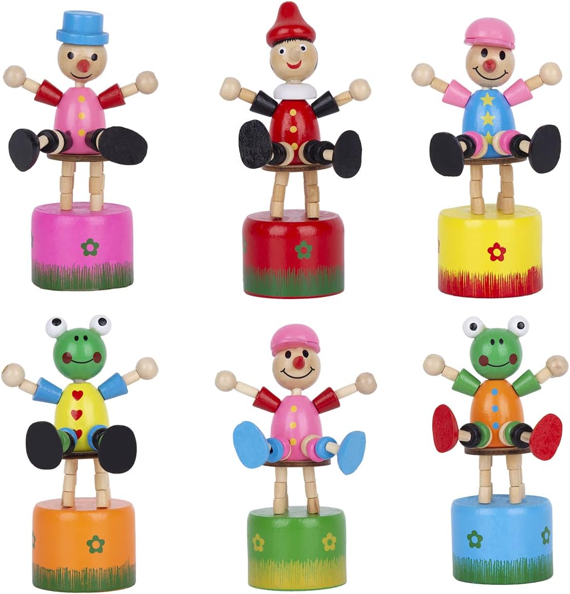 Berry President Colorful Wooden Push up Toy, Set of 6 Clown Finger Puppets, Thumb Puppets, for Boys & Girls Age 3 4 5 6 Year Old
