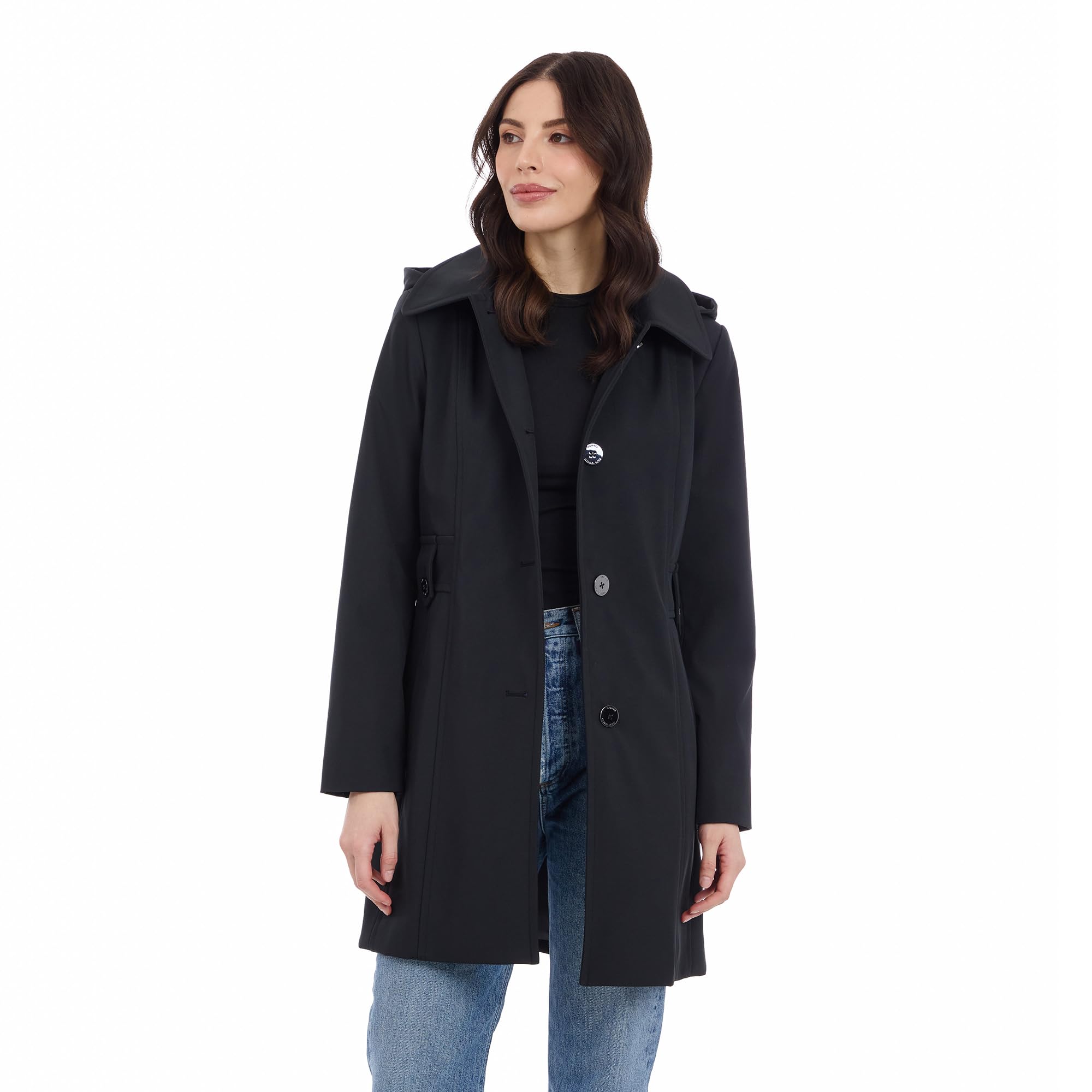 Michael Kors Women's Single Breasted Raincoat with Detachable Hood, Black, S