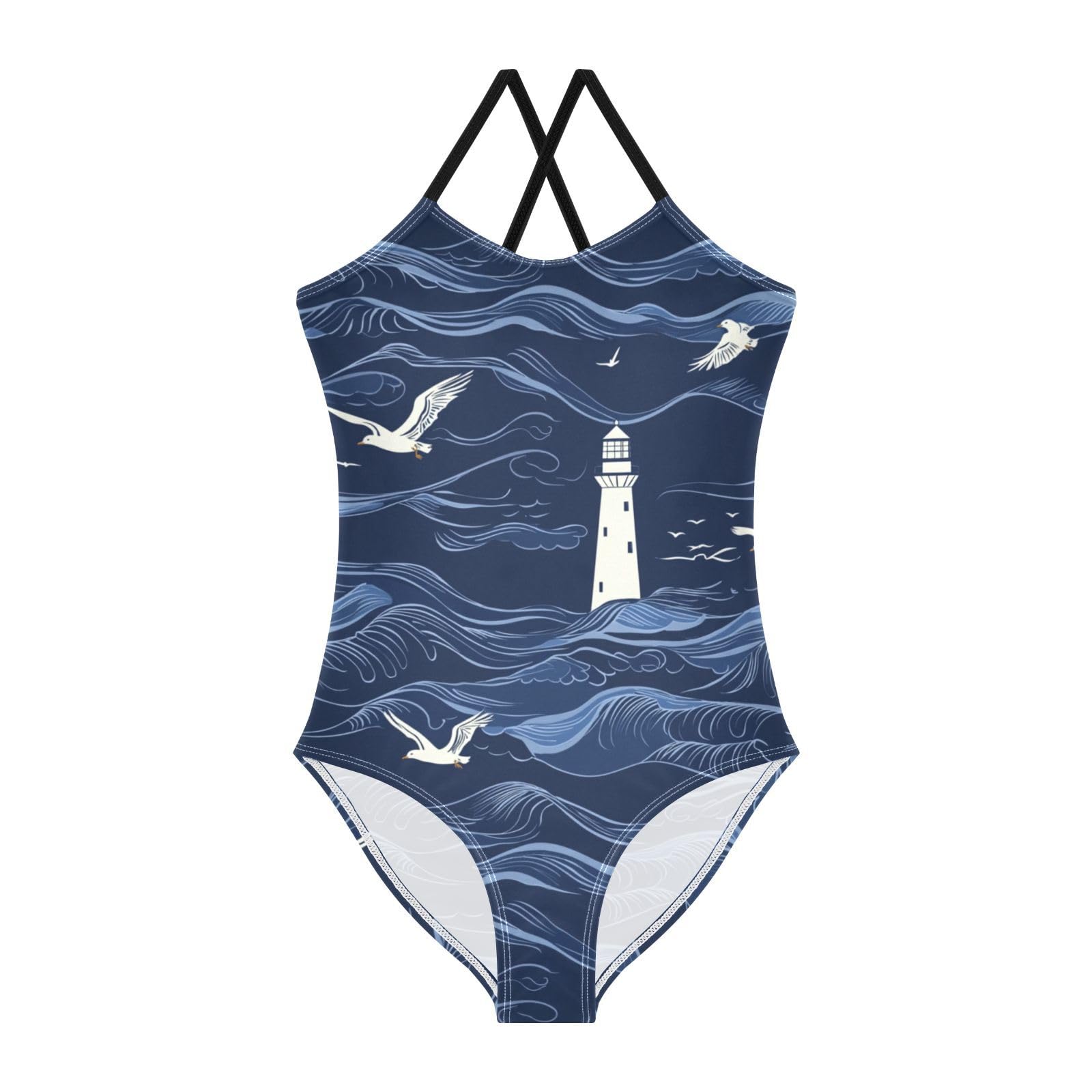 Night Wave Lighthouse Seagull Girls Swimsuit One Piece Bathing Suit for Baby Girls' Swimwear 3T