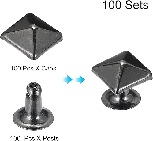 Miniatura 10 de uxcell 100 juegos de remaches de espiga, pirámide de 0.394 pulgadas (0.394 in), remaches rápidos, cuadrados, punk, decoración para ropa, cinturones,