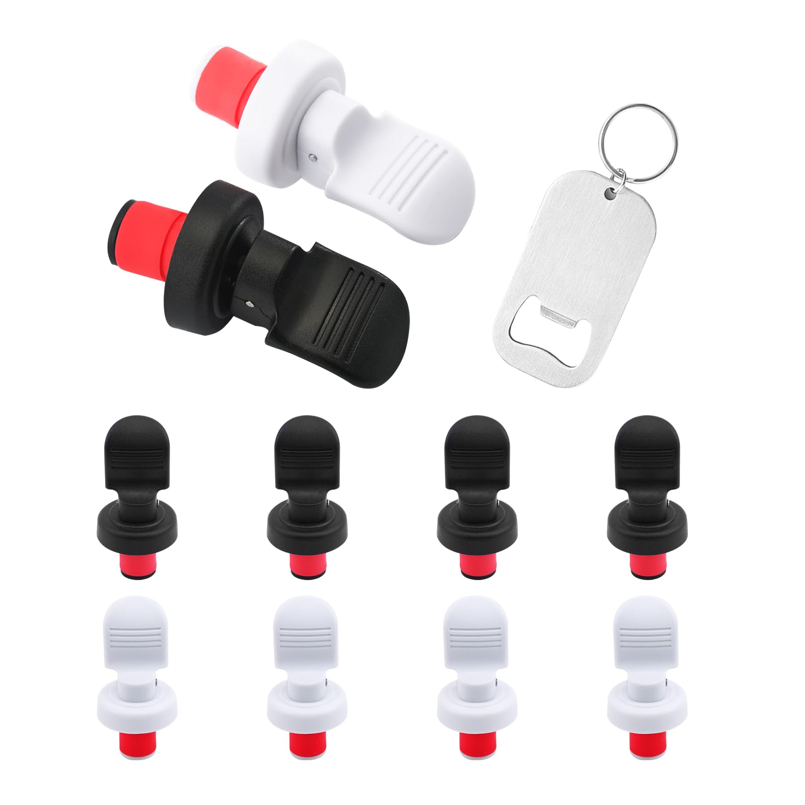 ONEBO 10 Pcs 15mm Champagne Stopper, Reusable Wine Bottle Stoppers, Beverage Stopper with Expandable Silicone, Wine Storage Keep Fresh Tools, with a stainless steel bottle opener (5 black and 5 white)