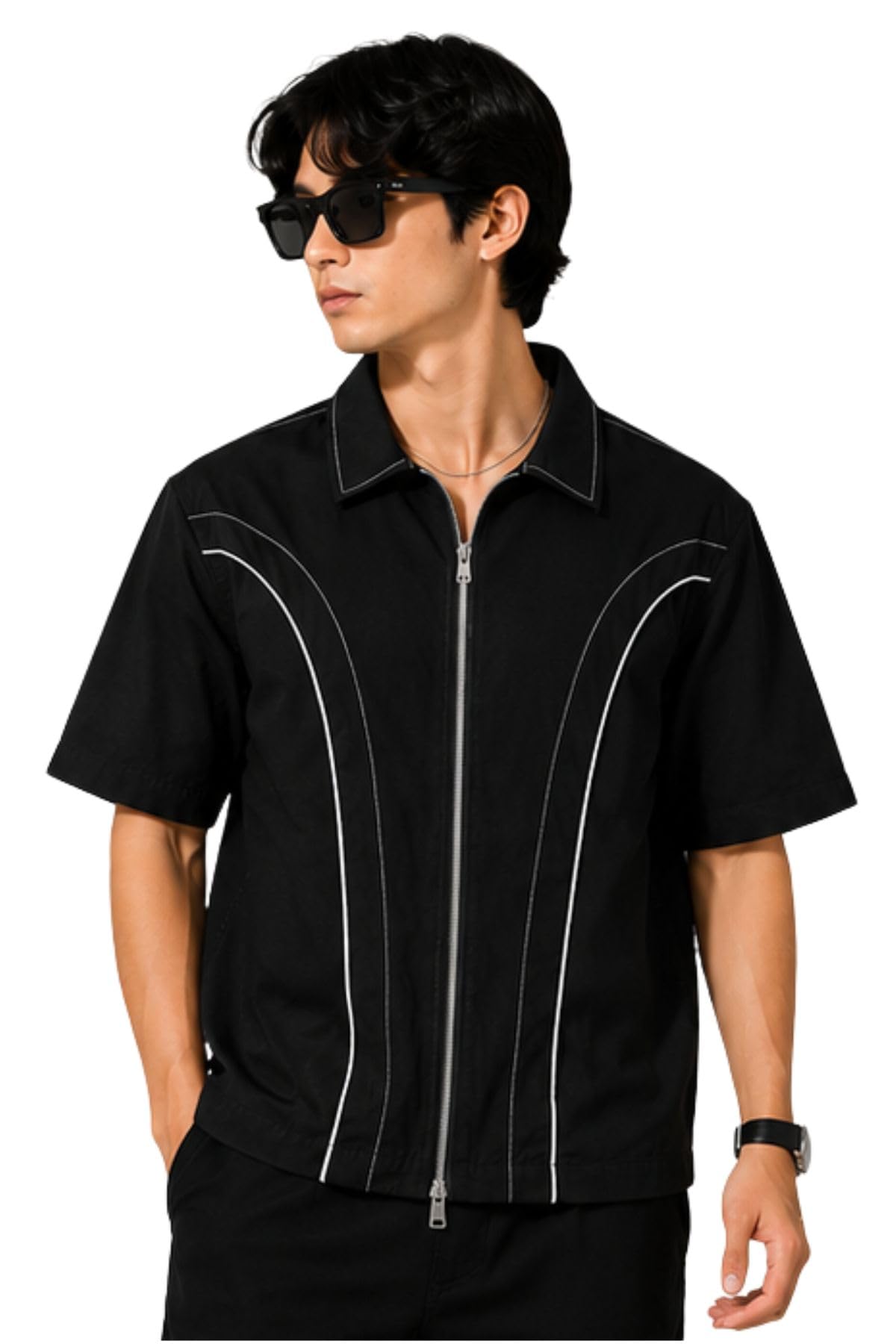 Men's Boxy Fit Cotton Zip Shirt, Half Sleeve Relaxed Fit Casual Shirt with Front Zip Closure, Contrast Piping, Breathable Summer Cotton Oversized Fashion Shirt for Men_M to XXL