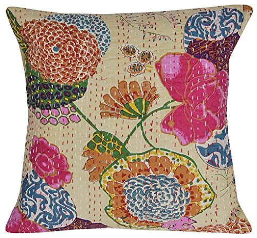 Image of Cotton Kantha Embroidery Cushion Cover (16x16-inches) (Set of 1, Beige)