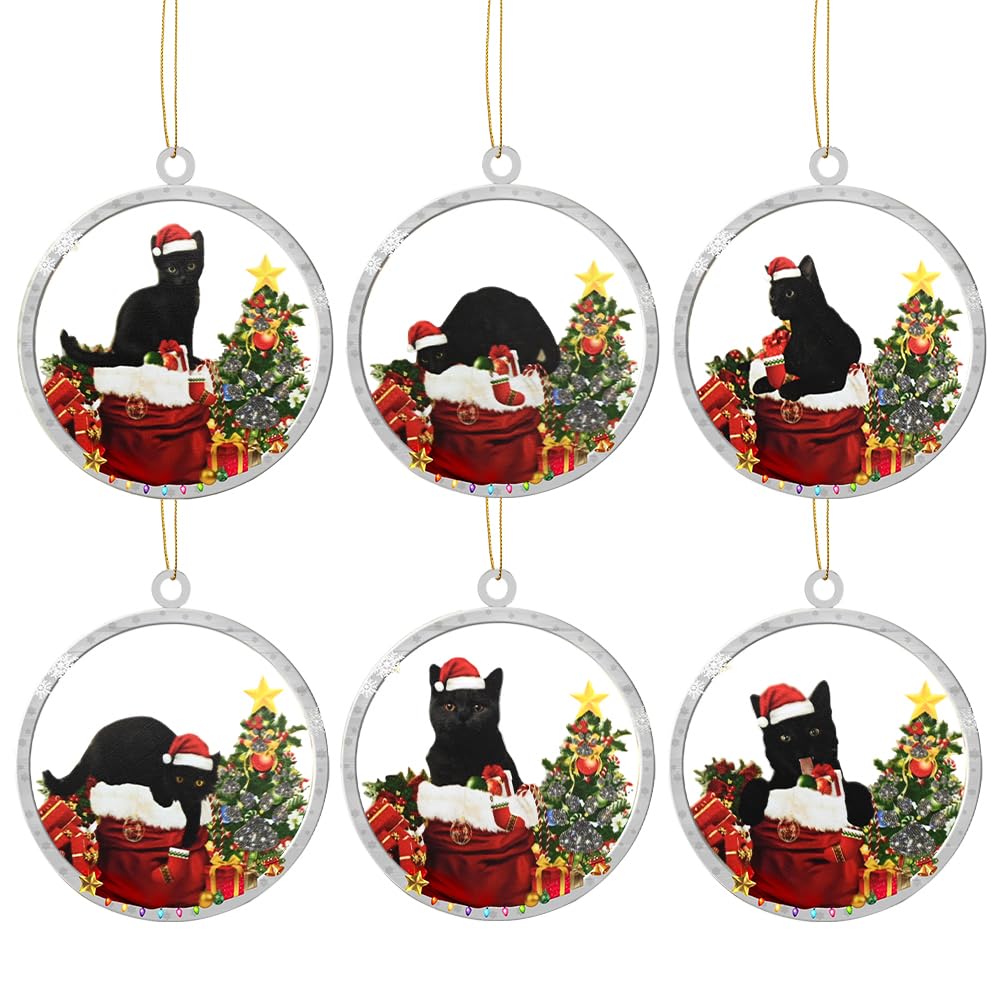 6 Pcs Black Cat Xmas Tree Hanging Acrylic Ornaments - Christmas Hanging Decor for Cat Lovers