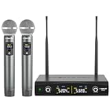 Phenyx Pro Wireless Microphone System, Metal Wireless Mic Set, Handheld Cordless Dynamic Microphones for Singing, Karaoke, Church, 2x30 UHF Tunable Frequencies,200 ft Range (PTU-52-2H)