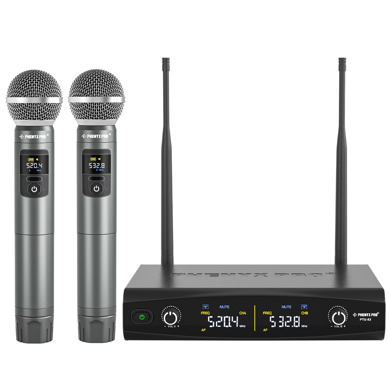 Phenyx Pro UHF Wireless Handheld Microphone System, 30 Adjustable Frequency Cordless Mic Sets with Case, All Metal Build, 200ft Coverage, Suitable for Home Karaoke, Weddings, DJ, Church (PTU-52)