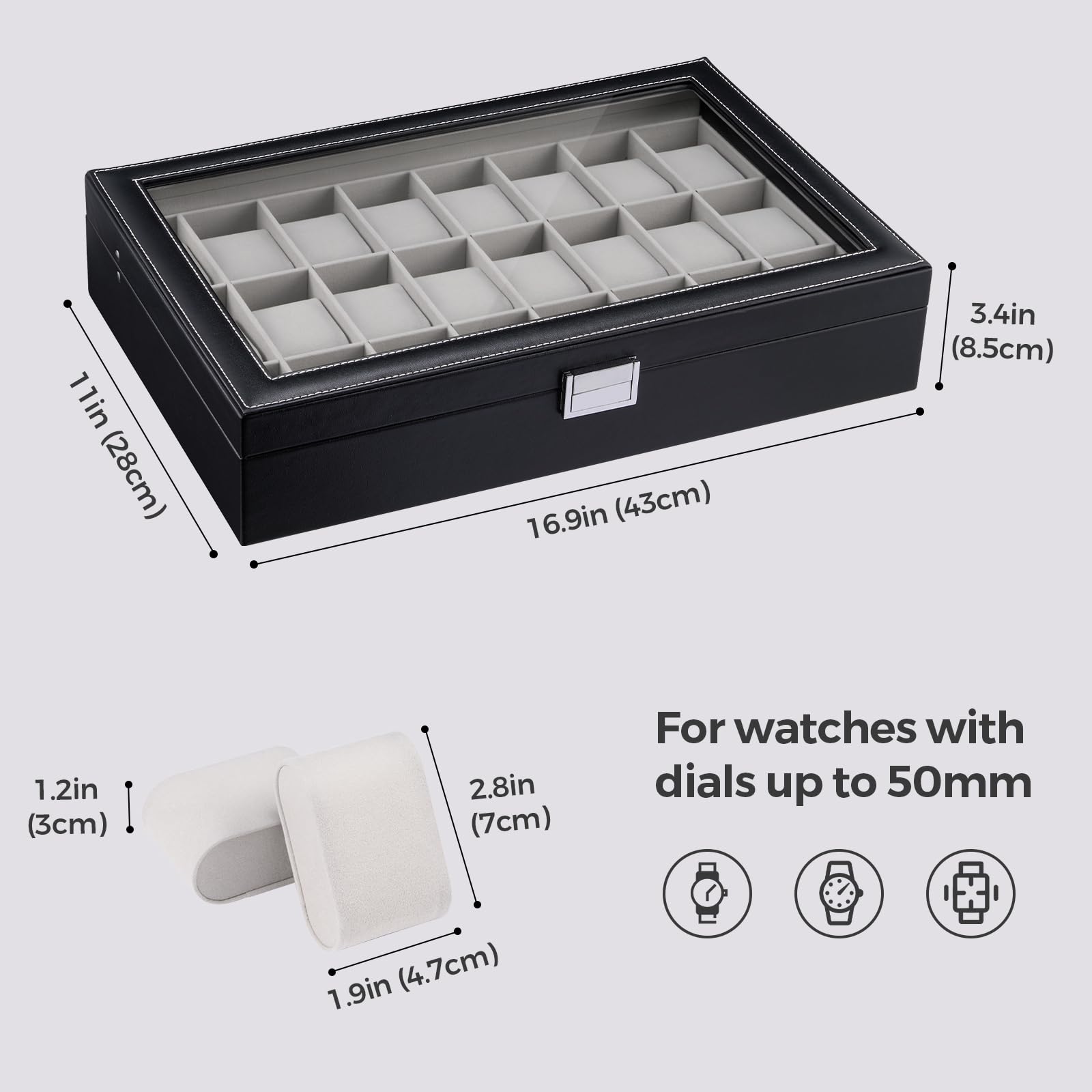 ProCase Boîte à Montres 24 Emplacements, Coffret de Rangement Grande Capacité avec Couvercle en Verre Transparent, Coffret Cadeau Élégant pour Collection de Montres -Noir