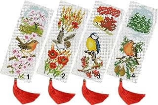 4Packs DIY Blank Canvas Bookmarks Flower and Birds Robin Tit Sparrow Counted Cross Stitch Kits for Adult Kids Beginner Embroidery Crafts Needlework Bookmark for Student Gift 20x6cm