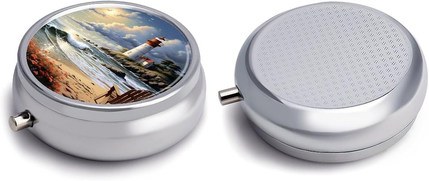Round Daily Sea Lighthouse Sandbeach Pill Case with 3 Compartment & Mirror image 3