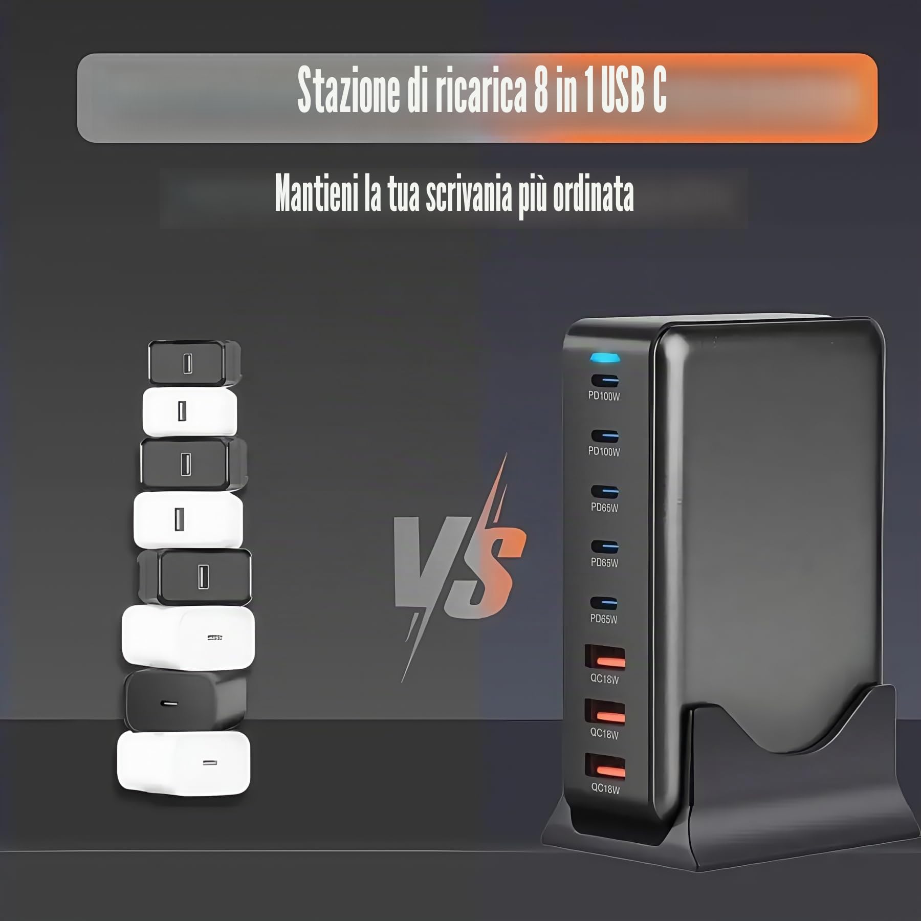 Caricatore USB C da 440 W a 8 porte con doppia porta PD PPS da 100 W, Caricabatterie Rapido con Ricarica Multipla USB-C da 65 W per MacBook Pro/Air/iPad, iPhone 16/15/14/13/12 Pro Max, Samsung ecc