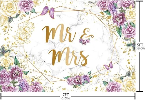 Miniatura 5 de Telón de fondo floral de mármol de 7 x 5 pies para despedida de soltera, flores moradas, mariposa, fondo geométrico dorado para parejas, decoración
