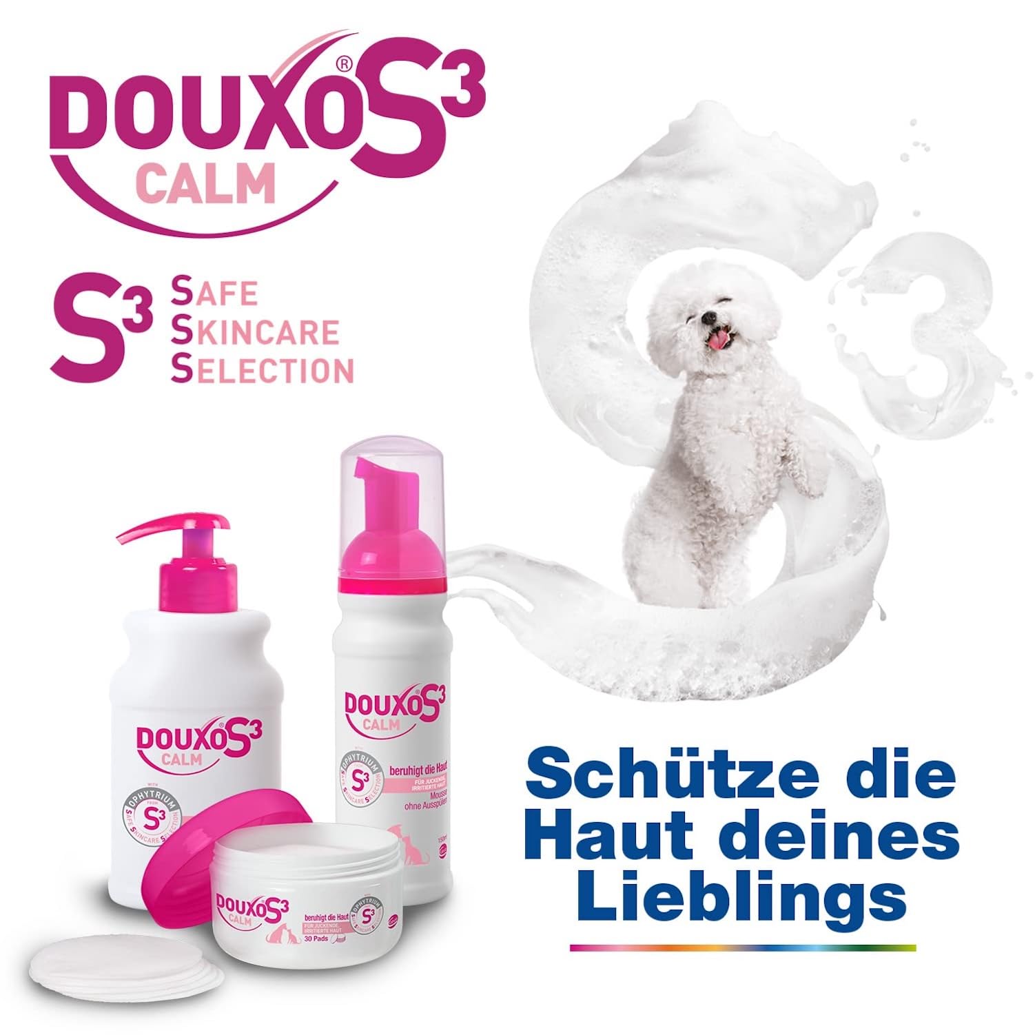 DOUXO S3 Calm Mousse | für Hunde & Katzen | Schaum Pflege für juckende, gereizte & empfindliche Haut | Hautberuhigend & Feuchtigkeitsspendend | ideal für Allergiker & allergische Tiere | 150 ml