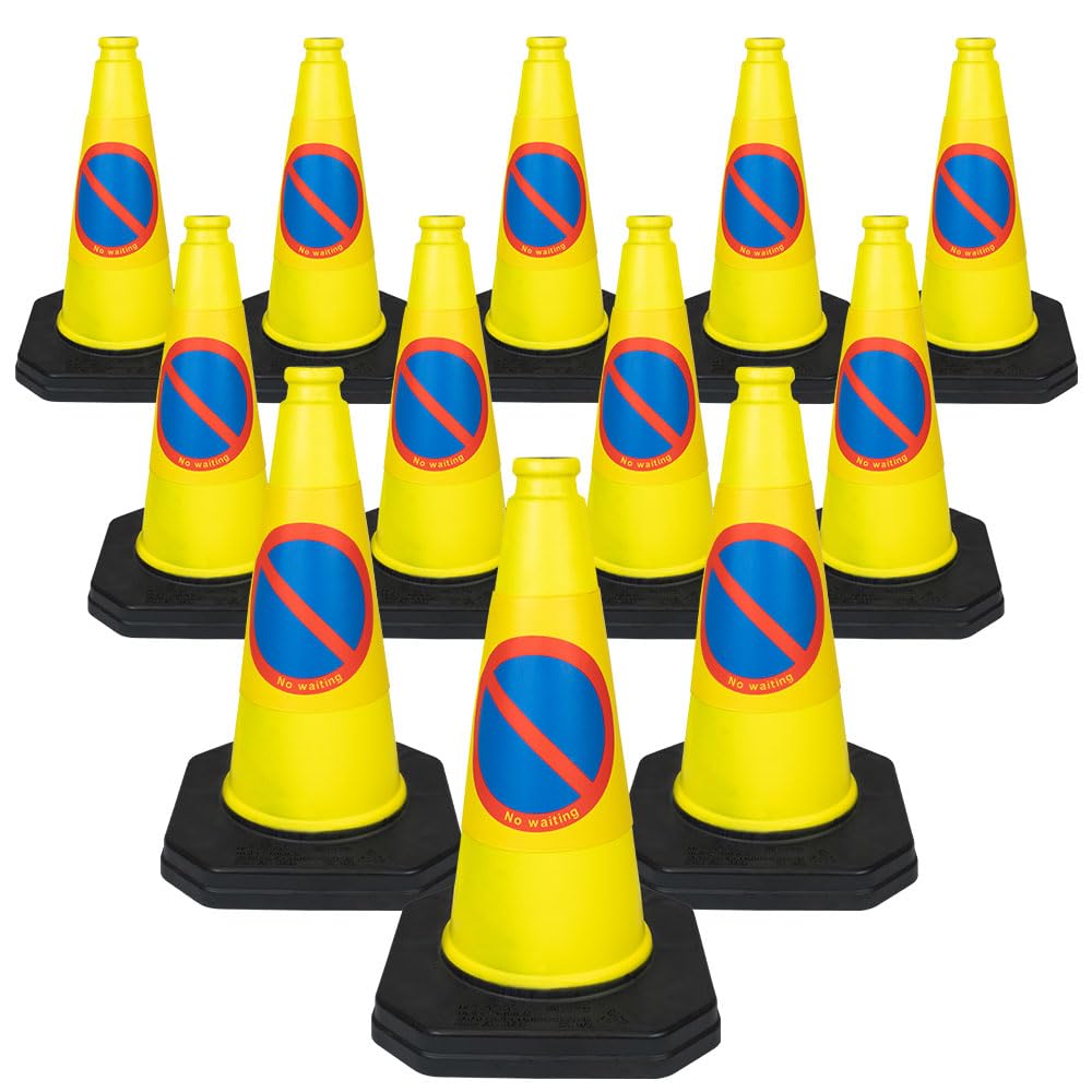 12 x 460mm 1-Piece High "No Waiting" Traffic Cones in Yellow - Strong and Durable Outdoor Cones with Very Low Centre of Gravity - U.K Made Safety Cones
