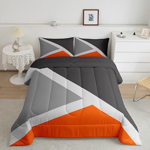 Juego de edredón geométrico triangular, color naranja, gris oscuro, gris claro, tamaño Queen, para adolescentes, niños y niñas, juego de edredón