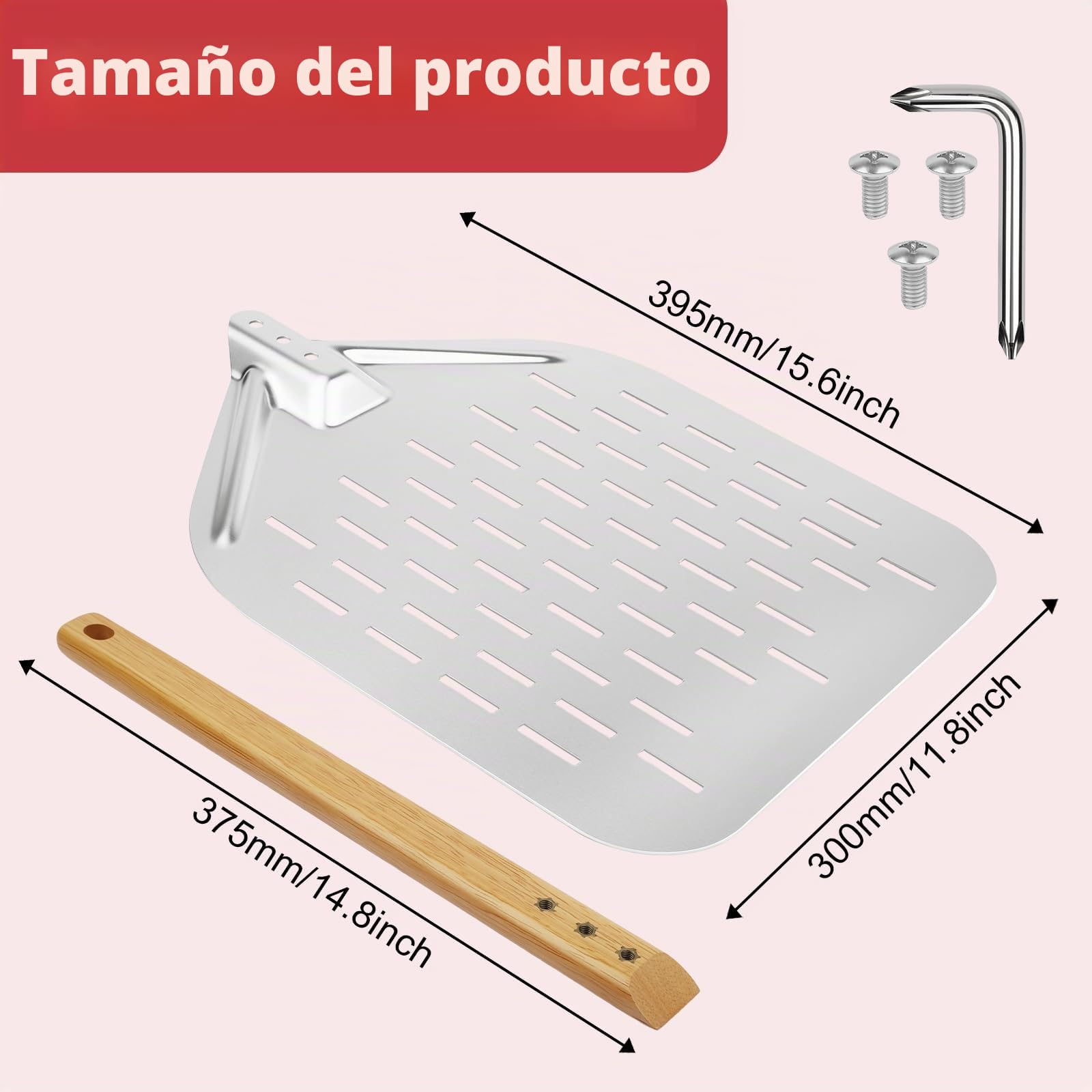 Pala Pizza, Pala para pizza perforada de 30 cm (12 pulgadas) y 39,5 x 30 cm. Pala profesional de aleación de aluminio con amplia superficie y extraíble Plateada