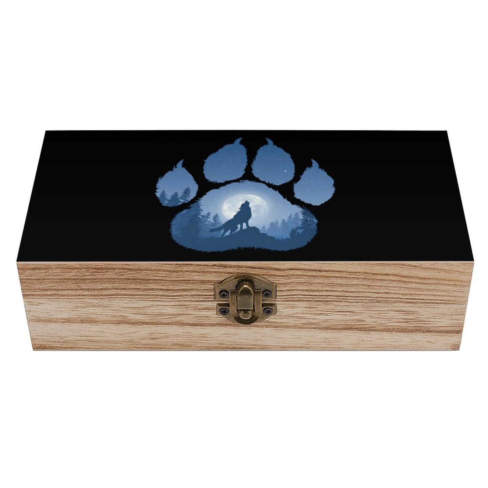 HLBSDM Moon And Wolf Forest Paw Wooden Box with Hinged Lid Decorative Storage Case Container
