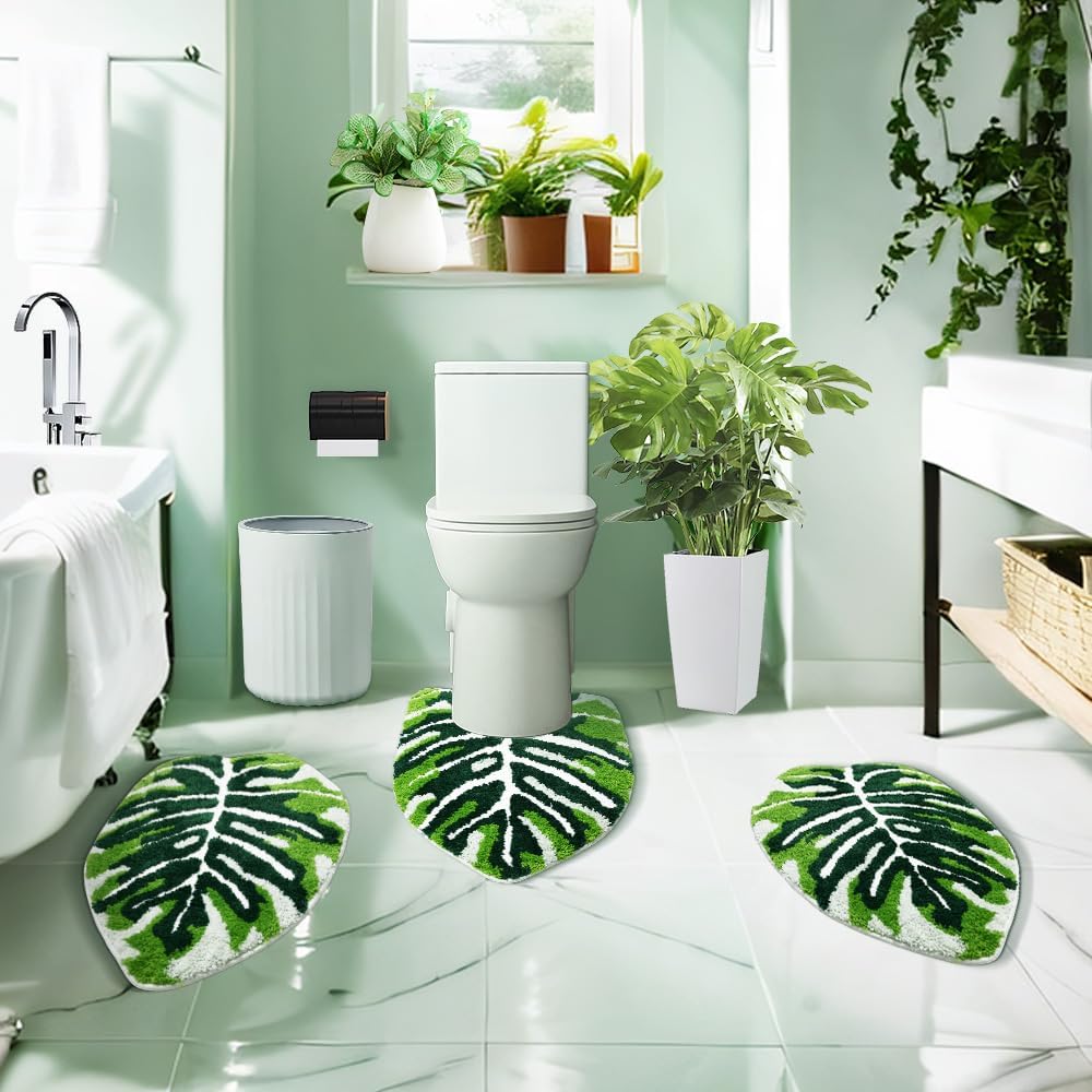 Green Bathroom Rugs Sets 3 Piece Leaf Bath Mat Set with Non Slip Rubber Backing Washable Bathroom Rug for Unique Bathroom Decoration