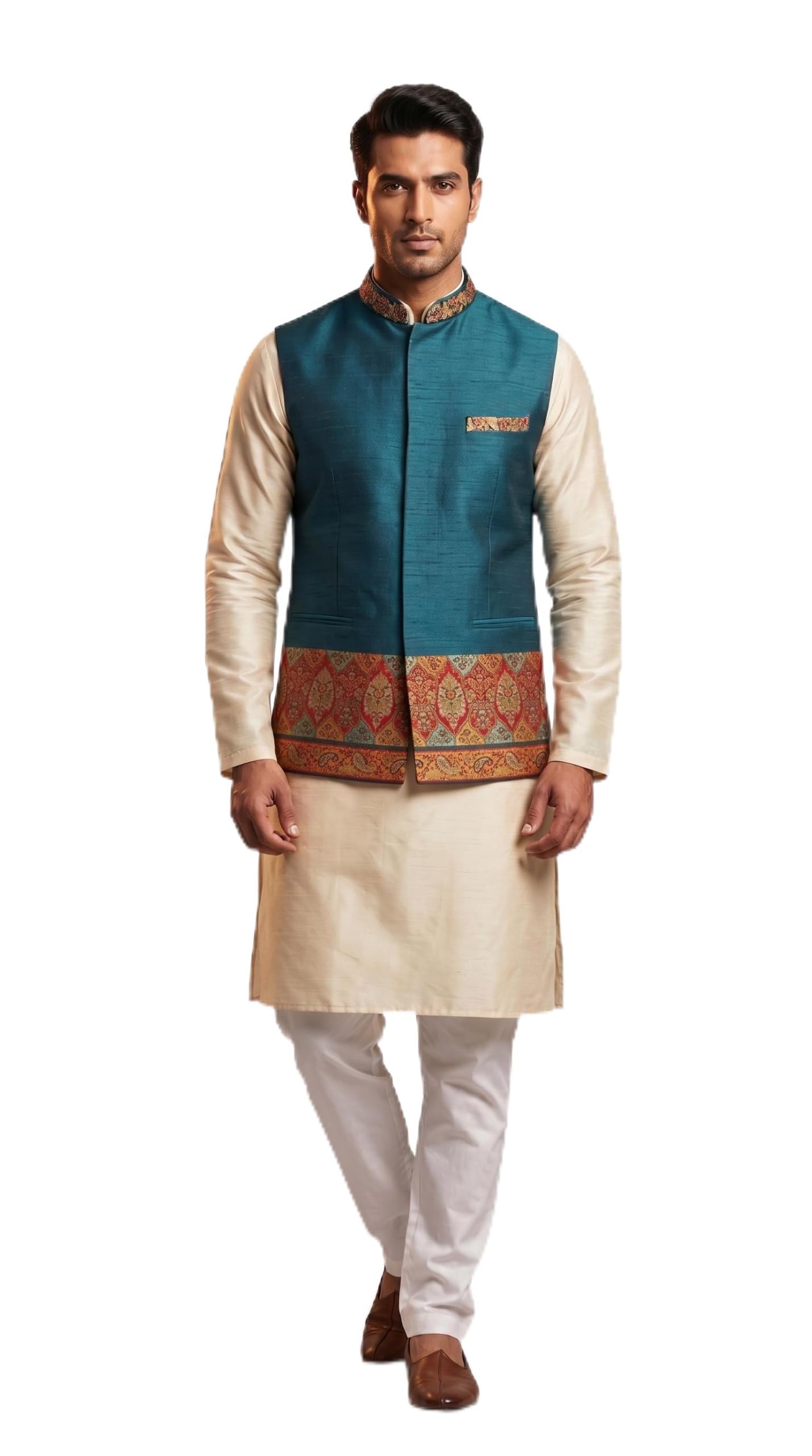 Men's Teal Nehru Jacket with Brocade Border Detail-picture-13