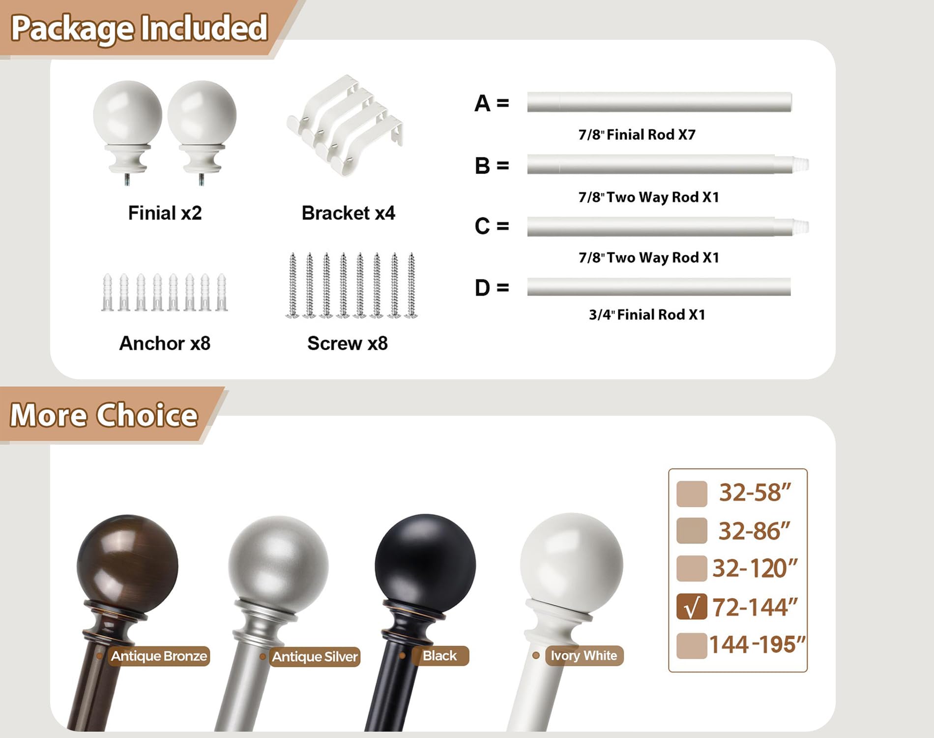 White Curtain Rod - Adjustable 72-144 Inch -6 White Curtain Rod - Adjustable 72-144 Inch -6