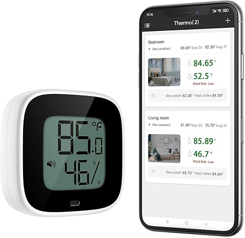 Termómetro inalámbrico higrómetro para iPhoneAndroid, sensor de temperatura de humedad Bluetooth inteligente con alarma y almacenamiento de datos