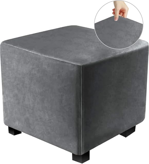RAPRAP Stretch Ottoman Covers for Square Footstool, Dustproof Removable Stool Covers, Velvet Footstool Protector with Elastic Bottom, Soft Comfortable Machine Washable Square Ottoman Slipcover,Grey-S