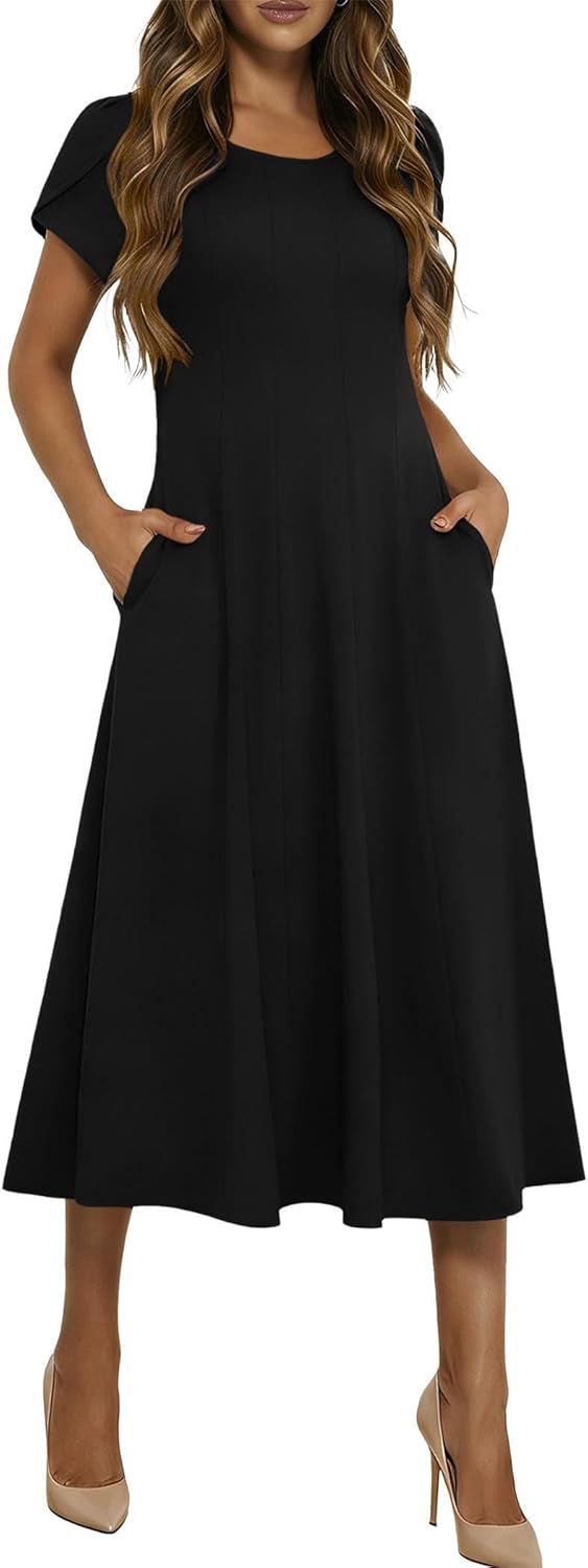 HOTOUCH Summer Dresses for Women 2026 Casual Midi Dress Petal Short Sleeve A Line Dress Pleated Flare Sundress