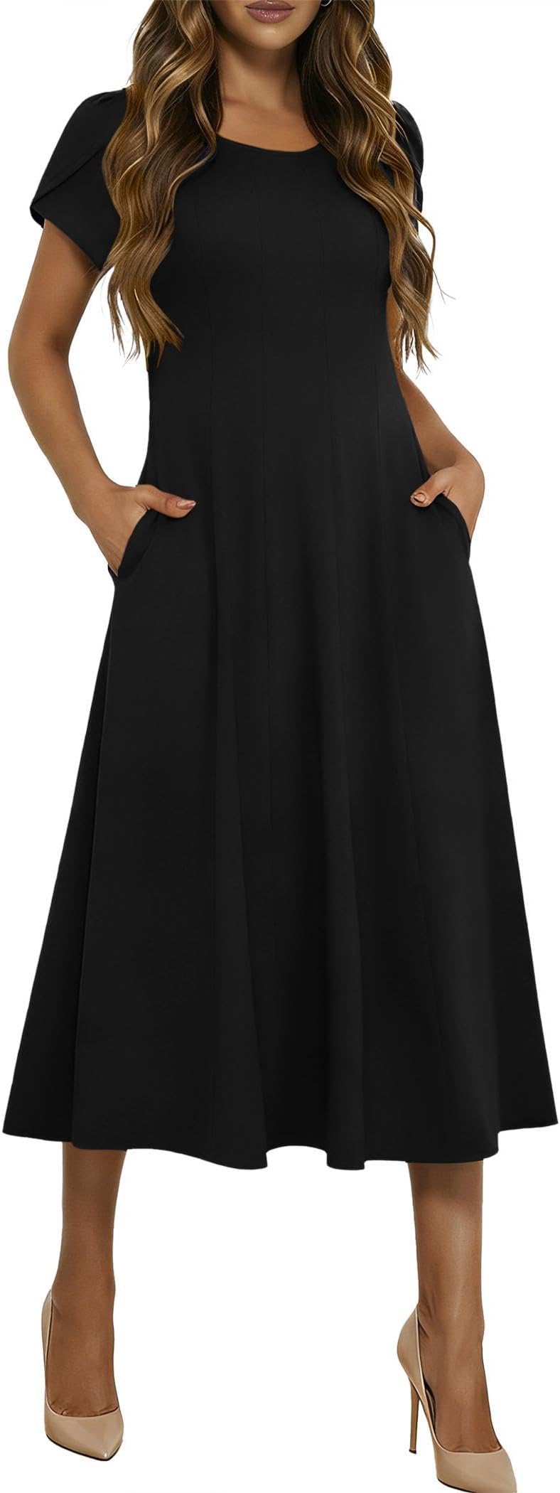 Summer Dresses for Women 2026 Casual Midi Dress Petal Short Sleeve A Line Dress Pleated Flare Sundress