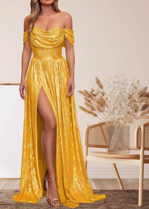 Off Shoulder Sequin Prom Dress Mermaid Long Ball Gown with Slit V Neck A Line Formal Evening Party Gowns3