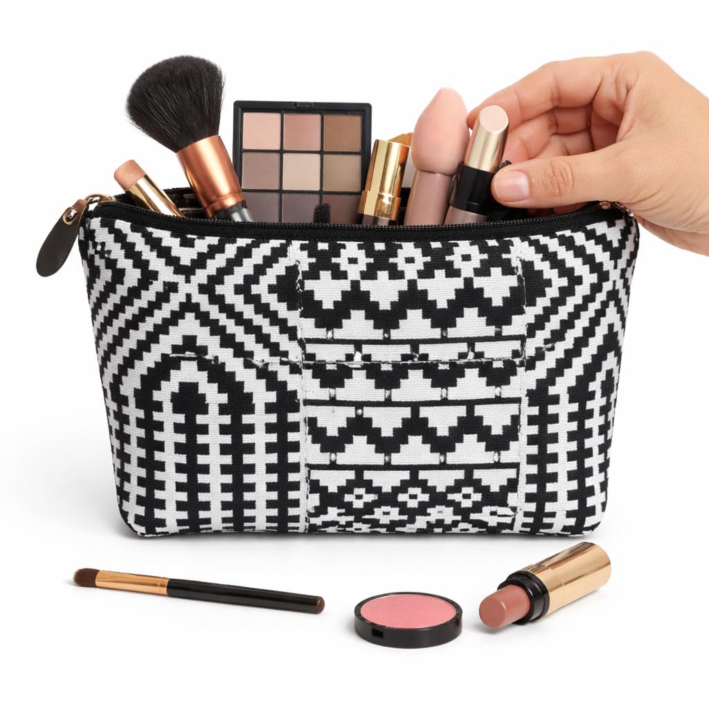 Makeup Pouch with Zip Closure, Black and White Aztec Print, Internal Pocket, 2 Interior Slip Pockets, 24 x 14 cm-image-35
