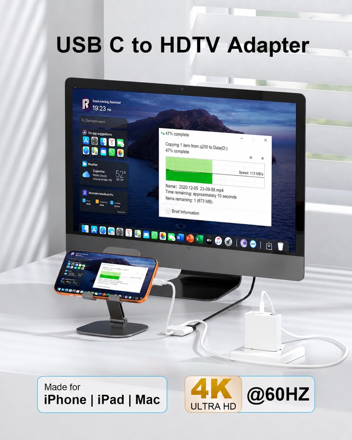 USB C to HDTV Adapter for TV, Type C to HDTV Adapter with 100W PD Fast Charging, 4K@60Hz, Digital AV Converter for iPhone 17/16/15, iPad Pro, MacBook, Samsung to Monitor, Projector