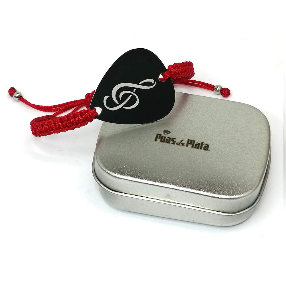 Pulsera De Púa De Guitarra Stratocaster – Aluminio Anodizado | Personalizable Con Texto | Macramé Rojo O Negro | Regalo Para Músicos (Hombre O Mujer)