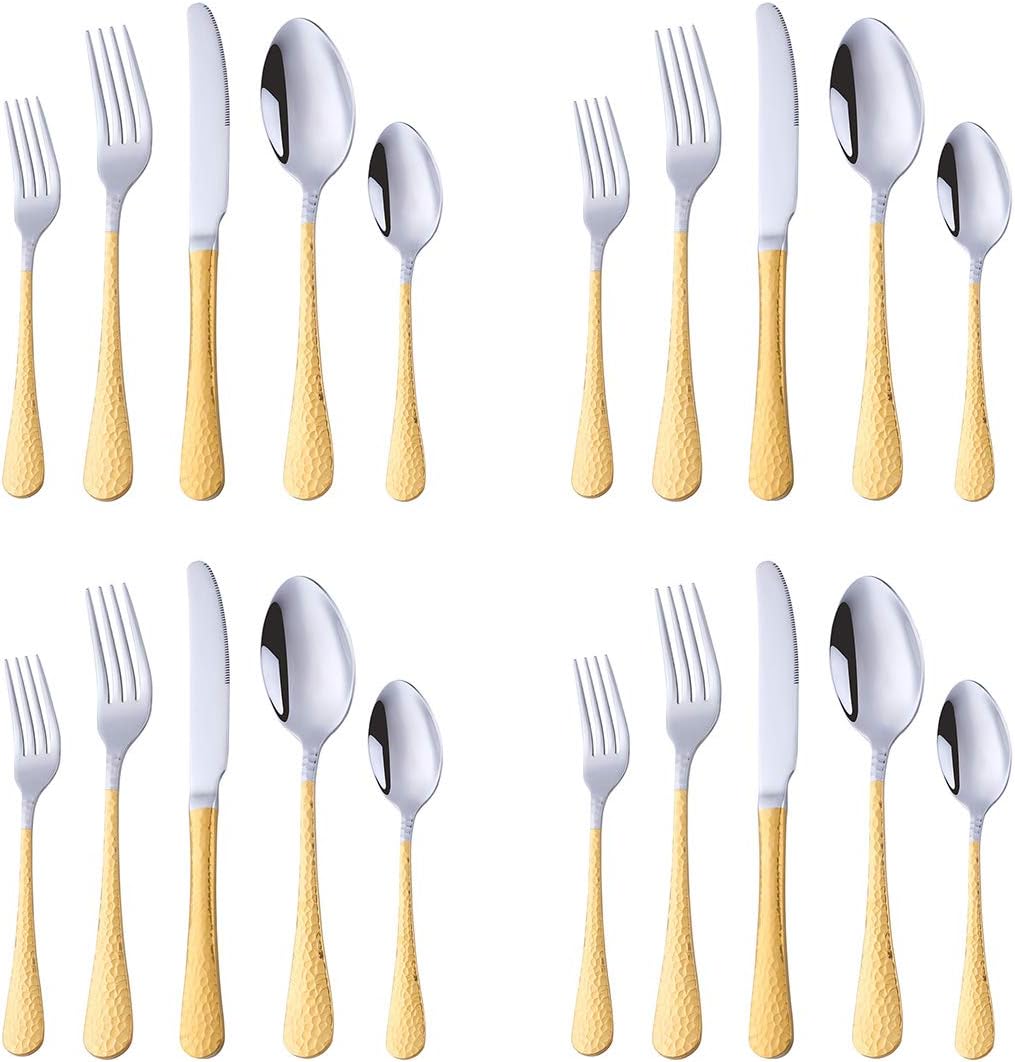 20 Piece Hammered 18/8 Stainless Steel Silverware Cutlery Set, Mirror Polished Flatware Service for 4,Dinner Knife, Dinner Fork,Salad Fork, Dinner Spoon/Dessert Spoon,Tea Spoon-Gold Handle