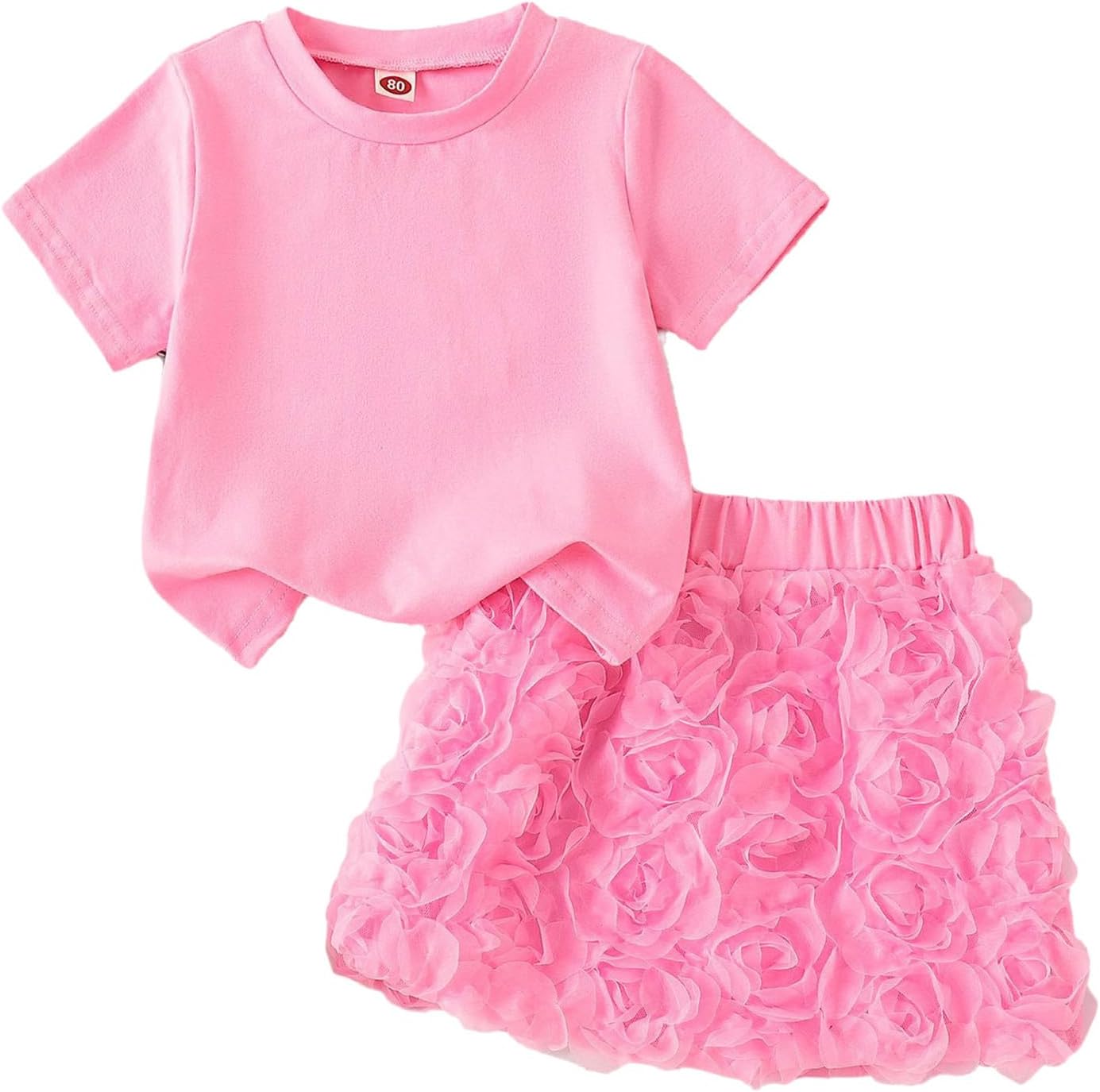 Little Girls Skirt Set 2 Piece Outfit Short Sleeve Tops Mini Skirts for Dance Party Casual Outings Pink 2-3 Years