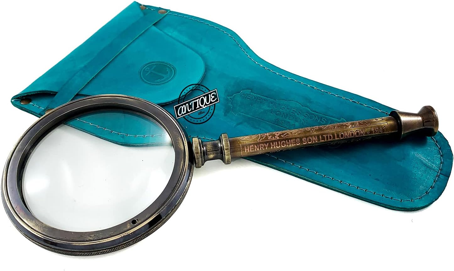 Antique Brass Magnifying Glass in Leather Case & Antique Brass Clock Desktop Decor Vintage Gift Ideas