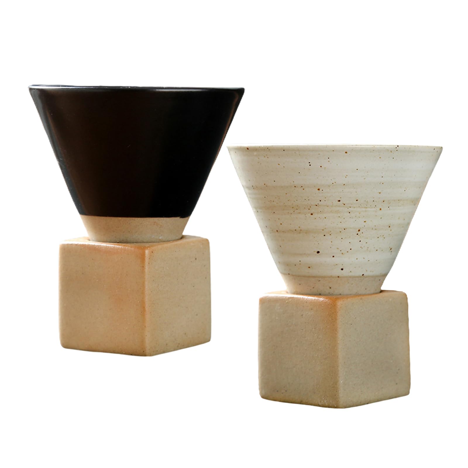 Set Di 2 Tazze Da Caffè In Ceramica Vintage Con Base: Impilabili, Design Conico, Ideali Per Regalo (Bianco, Nero, Ciano) - 3