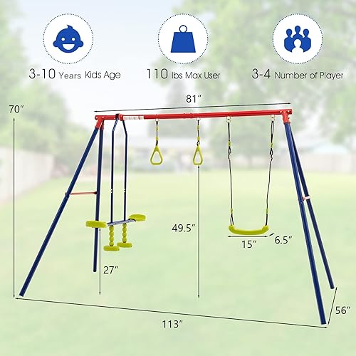 Vista 16 de OLAKIDS Juegos de columpios para patio trasero, 7 en 1 al aire libre, 660 libras, soporte de metal resistente con barra de mono para niños, juego