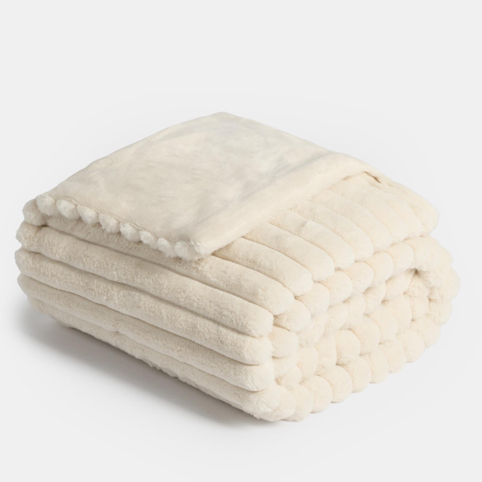Ohs Natural Faux Fur Ribbed Throw Blanket For Sofa, Super Soft Cosy Warm Winter Thick Fleece Blanket For Bed Decorative Fluffy Double Bed Throws Over Sofas Couch, - 150 X 200Cm