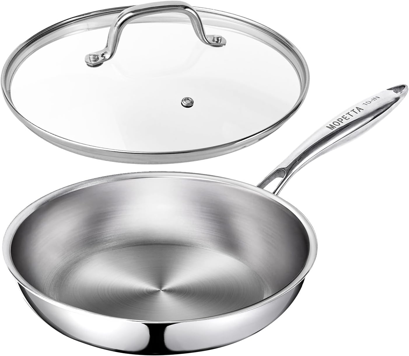 10 inch Tri-Ply Stainless Steel Frying Pan with Lid,No Coatings PFOA&PTFE Free Skillets,Chef's Pans,Dishwasher and Oven Safe Cookware, Compatible with All Cooktops