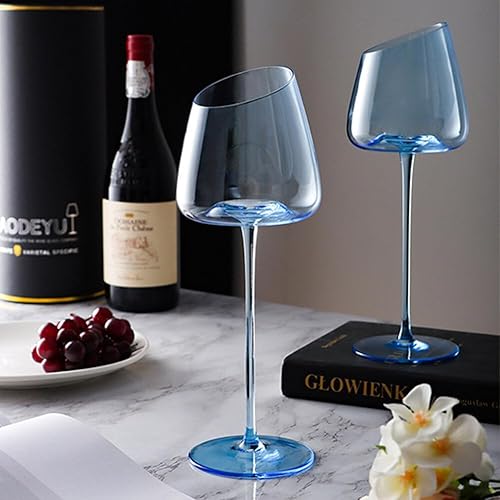 Miniatura 6 de Juego de 2 copas de vino tinto inclinadas, copas de vino blanco de tallo largo sin plomo, copas de vino de cristal modernas con base cóncava única,