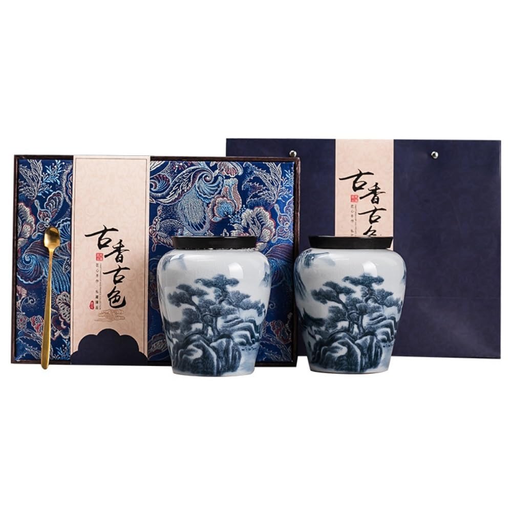 Organizador de Bolsitas de Té Recipiente for almacenar té suelto, tarro de cerámica sellado, tarro vacío con cuchara de té, juego de caja de regalo de tarro doble de té retro Organizador de Té Contene