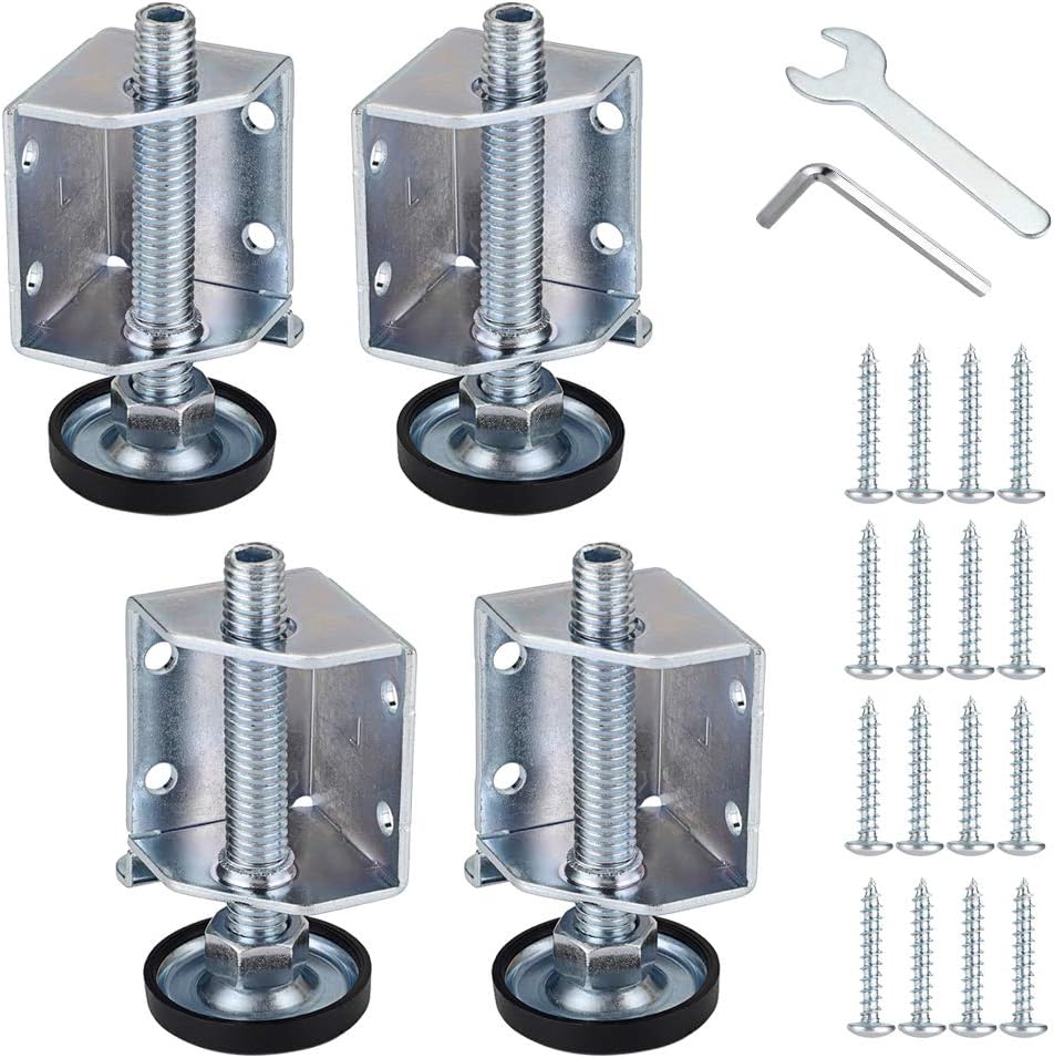 OwnMy Heavy Duty Adjustable Leveling Feet Corner Protector Guard Bracket Furniture Legs Levelers for Furniture, Table, Cabinets, Workbench, 2 Left and 2 Right Corner Leveling Legs