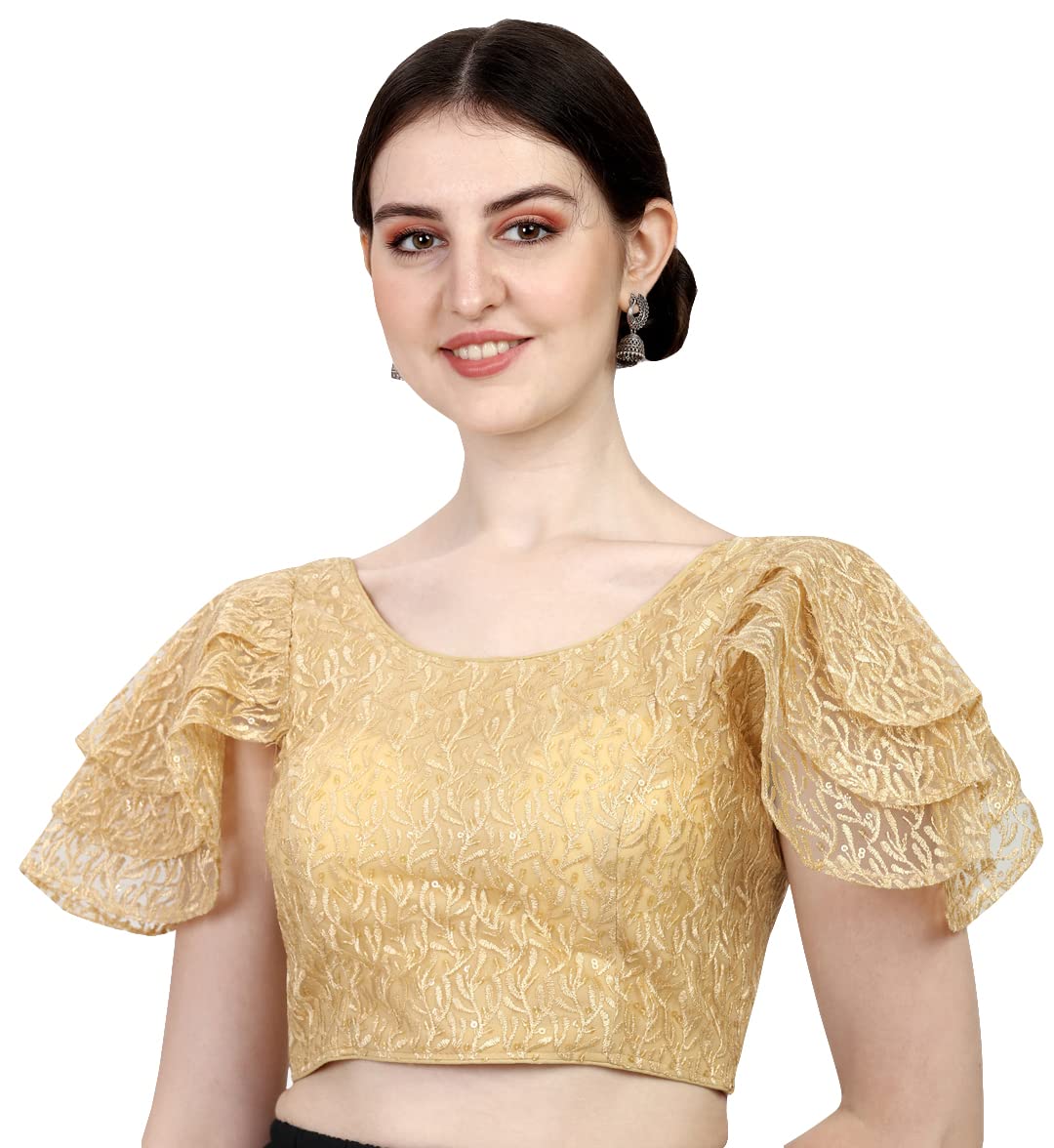 Pujia Mills Women's Shipali Net Work Ruffle Sleeves Readymade Saree Blouse