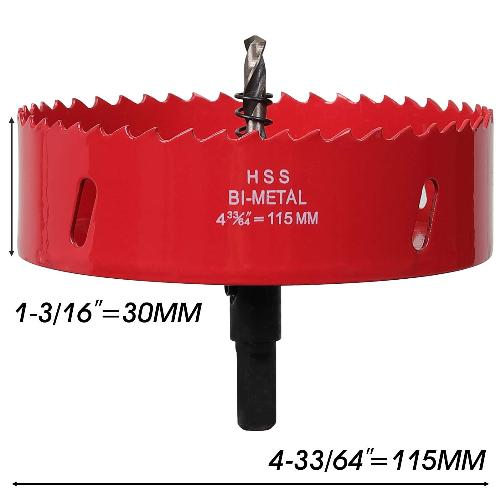 Otwornica 115 mm, stal szybkotnąca HSS M42, bimetalowa, otwornica z trzpieniem sześciokątnym i wiertłem do drewna, suchej zabudowy i blachy metalowej, 1 sztuka, czerwona