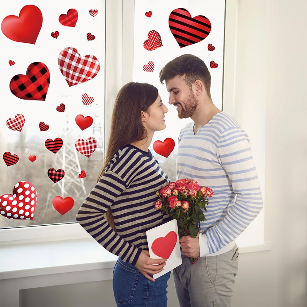 Valentines Day Decorations Window Clings, Resuable Red & Pink Heart Shaped Static Window Stickers for Valentines Day Decor - Valentine's Day Decorations for The Home, Bathroom Window