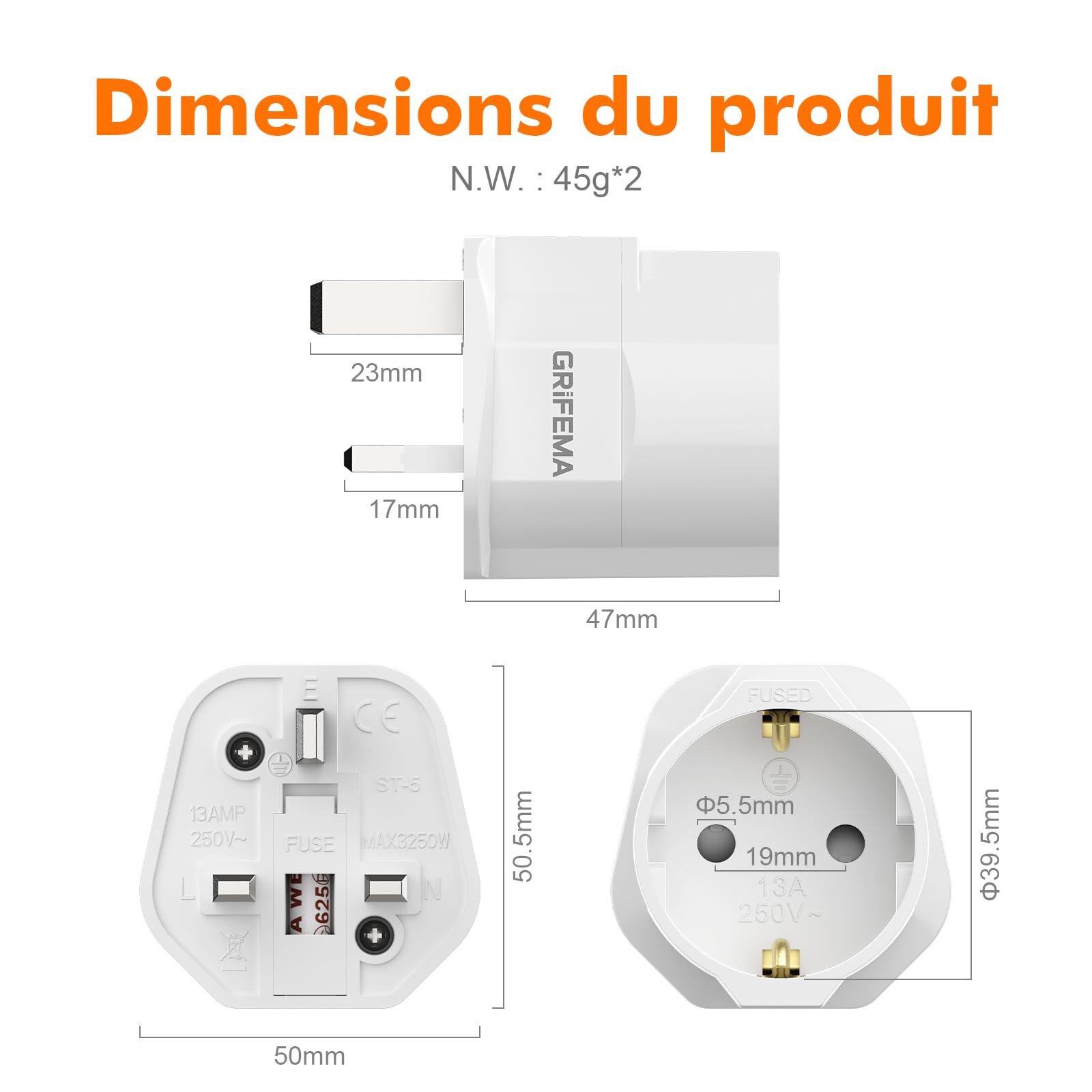 GRIFEMA Adaptateur Prise Anglaise avec Fusible 13A, Adaptateur Voyage France vers UK Type G pour Londres Angleterre Irlande Dubaï, Convertisseur Prise 2 Broches Europe vers 3 Broches UK, Lot de 2