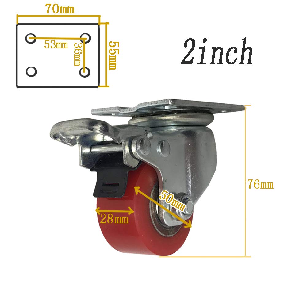 4 Industrierollen 2 zoll 50mm Schwerlastrollen 1000kg Leise PU Platte Lenkrollen mit Bremse Stahlbügel für Werks transport Straßenbahn Werkbank (1.5'' 2 zoll)