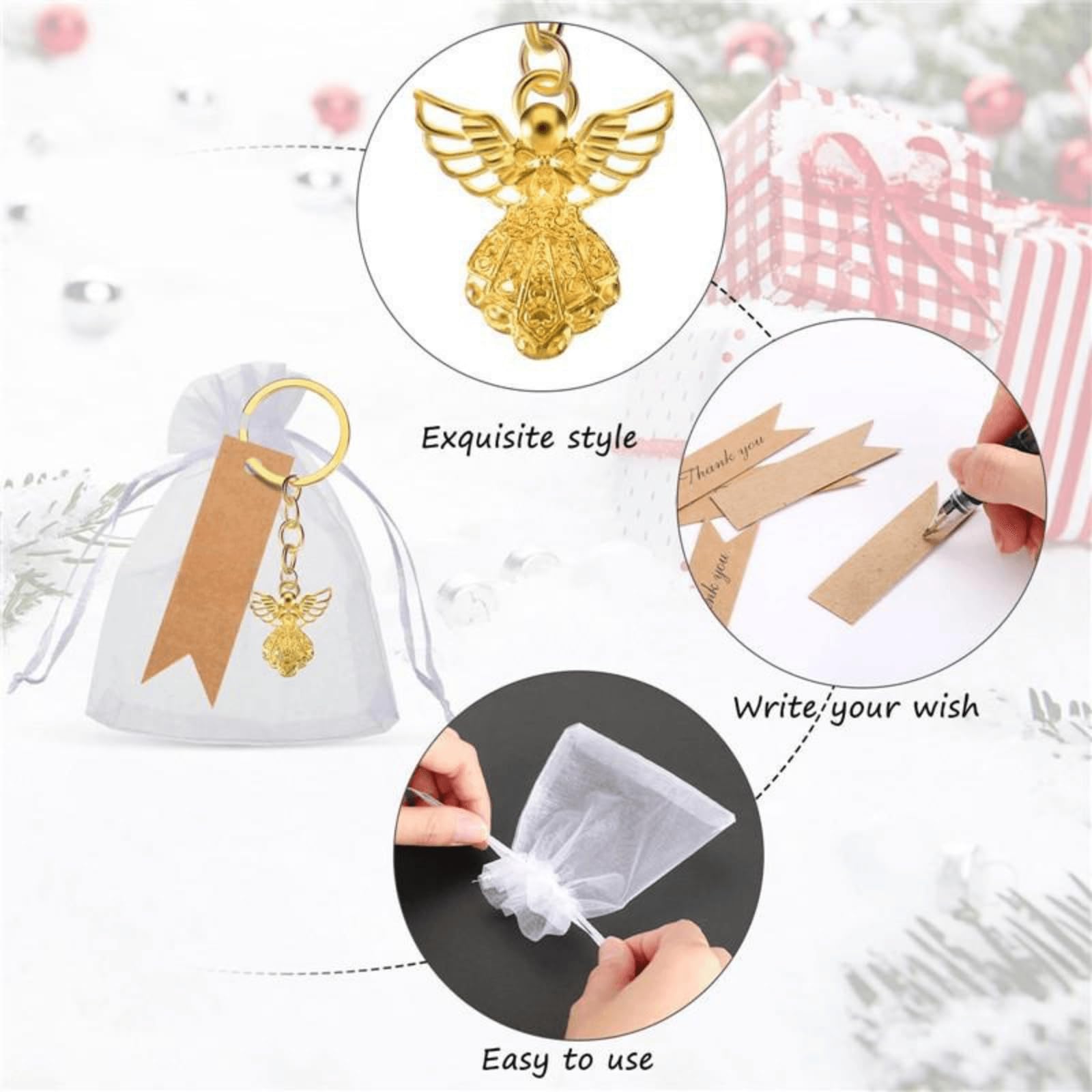 30 portachiavi a forma di angelo custode, regalo di nozze, regalo per ospiti, con etichette vuote e sacchetti in organza, per regali per feste, decorazioni per baby shower, oro