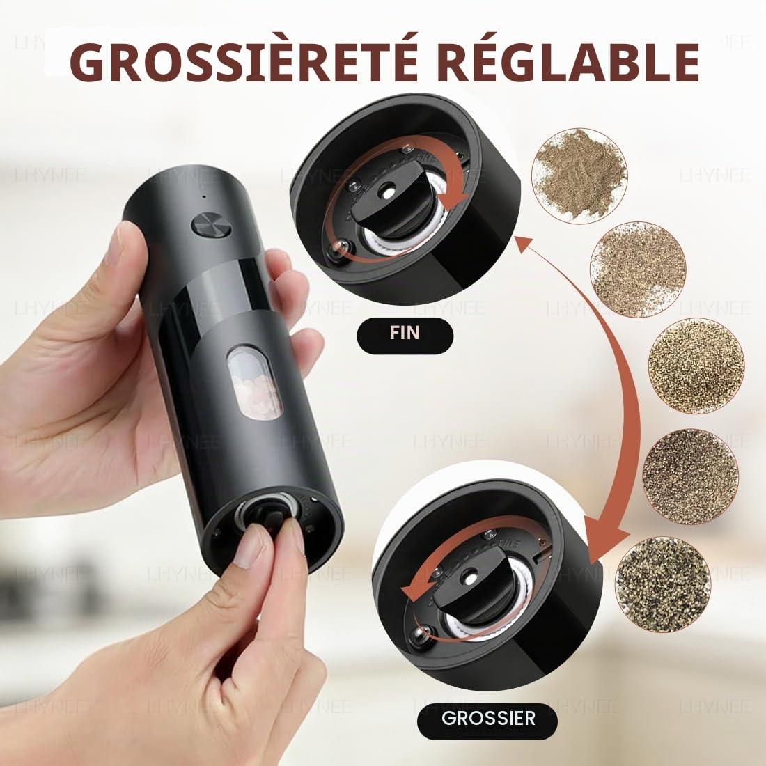 Moulin à Sel et Poivre Électrique avec Station de Charge–Contenant 110 ml,Recharge USB, 5 Niveaux de Mouture Réglables,Mécanisme de Broyage en Céramique,Incl.Brosse de Nettoyage et Éclairage LED.